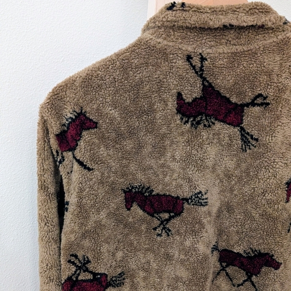 Vintage 90's Equestrian Collared Button Down Fleece Jacket In Tan/Black/Burgundy - Picture 9 of 11